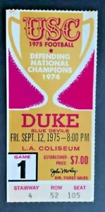 Boleto de fútbol americano vintage 1975 NCAA Duke Blue Devils vs USC Trojans 12/09/75 - Imagen 1 de 2