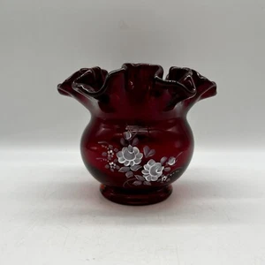 Fenton Ruby Red Ruffled Edge Rose Bowl Vase Hand Painted Artist Signed - Picture 1 of 6
