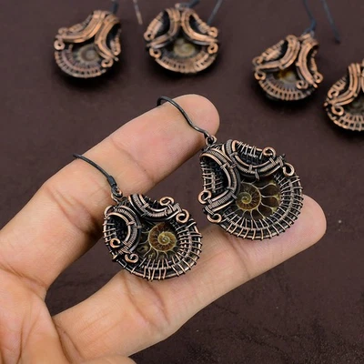 Pendiente de regalo de envoltura de alambre de cobre hecho a mano con piedras preciosas de amonita natural 2,05 regalo m578 Foto 1 de 4