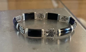 Vintage Asian Onyx Sterling Silver Link Bracelet Signed FAS 925 - 7.5” Long - Picture 1 of 11