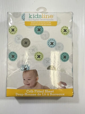 Kids Line Unisex White Blue Button Print 100% Cotton 52”x28” Crib Fitted Sheet - Image 1 of 2