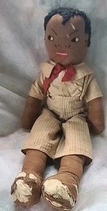 Vintage Folk Art Handmade Jointed Cloth Black 15"  African American Doll 1920s - Picture 1 of 14