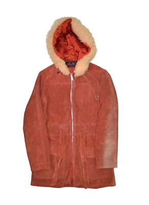 Vintage AmBe Coat Womens S Red Suede Leather Jacket Zip Belted Fur Hood 60s - Image 1 of 4