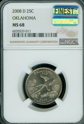 2008 D OKLAHOMA QUARTER NGC MS68 MAC FINEST BUSINESS STRIKE &SPOTLESS POP-11 . - Image 1 of 2