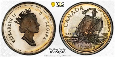 PR67DCAM 1997 10C Canada Caboto's Voyage Silver 10 Cent Proof, PCGS Nicely Toned - Image 1 of 4