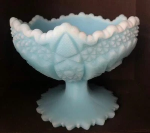Mid-Century Fenton Glass Light Blue Satin Footed Compote, Hobstar Pattern 5 x 6 - Picture 1 of 7
