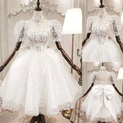 Princess Wedding Dresses Big Bow Puff Sleeves Lace Appliques Mini Bridal Gowns - Image 1 of 4