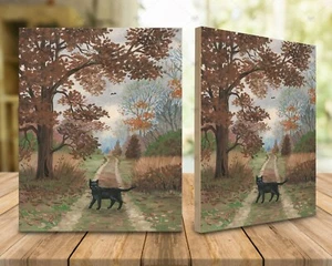RYTA Letrero Estampado de Madera Múltiples Tamaños Arte HALLOWEEN GATO NEGRO PAISAJE OTOÑO - Imagen 1 de 1