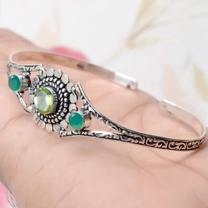 Faceted Peridot & Green Onyx Gemstone 925 Sterling Silver Handmade Bangle Cuff - Picture 1 of 5