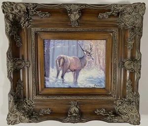 Original Oil Painting - Magnificent Buck in Winter Woods - Massive Ornate Frame - Picture 1 of 3