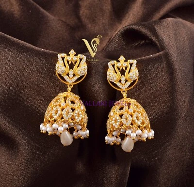 Bollywood Style Zirconia Layered Jhumka Earrings With Back Clip Support for her - Image 1 of 4