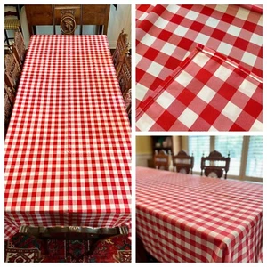 XL Red White Check Tablecloth 126x60 🍎Gingham Plaid ~ Stain Wrinkle Resistant - Picture 1 of 13