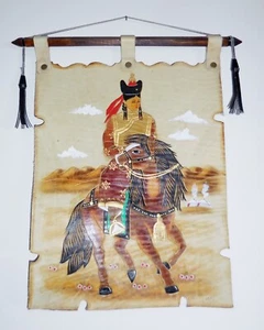 QUADRO VINTAGE ANNI 30 SU STRISCIONE IN PELLE DISEGNO CAVALLO ASIATICO - Foto 1 di 5