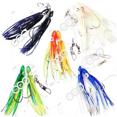 Lote de señuelos suaves salmón aparejados de pesca 4,75" Twin Hoochies calamar roca pesca plataforma nuevo Foto 1 de 4