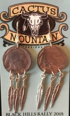 Authentic Indian Head Nickel  Earrings  Feathers Cactus Mountain Designs Sturgis - Image 1 of 3