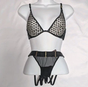 Victorias Secret Luxe Unlined Plunge Bra 32C Black Sheer Starburst Strappy Set S - Picture 1 of 11