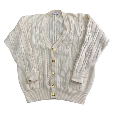 Vintage Pringle Wool Knit Cardigan Grandpa Core Cable Ivory Sweater Mens Medium - Image 1 of 4