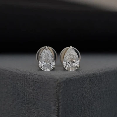 2Ct Pear Cut Certified Lab Grown Solitaire Diamond Stud Earrings 14k Solid Gold - Image 1 of 4