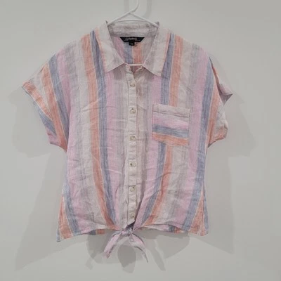 Top de playa boho con botones de lino a rayas talla pequeña para mujer colorido a rayas Foto 1 de 4