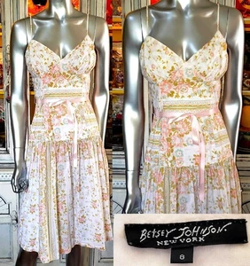 Vintage Betsey Johnson Slip Dress Midi Size 8 New York 90s White Floral Cotton - Picture 1 of 15