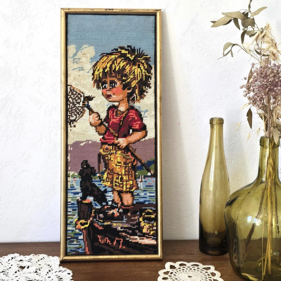 Canevas fini vintage Paris Margot – petit garçon – cadre doré patiné rétro - Photo 1/4