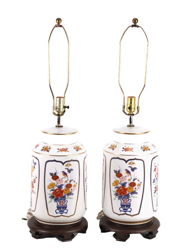 Vintage Pair Of Asian Style Floral 3 Way Table Lamps - Image 1 of 4