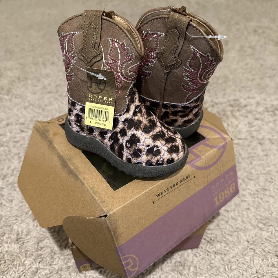 Botas de caubói Roper bebês meninas couro sintético rosa glitter leopardo cowbabies tamanho 2 - Imagem 1 de 1