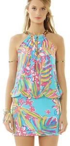Lilly Pulitzer Sienna Halter Mini Dress Chain Straps Haze Sea Blue Summer SMALL - Picture 1 of 23