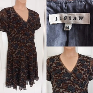Jigsaw Dress UK 14 Black Brown 100% Silk Floral Short Sleeve Lined - Picture 1 of 12