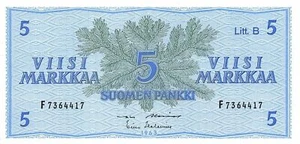 Finland 5 Markkaa 1963 P 106Aa Series F Litt. B Uncirculated Banknote E22F - Picture 1 of 2