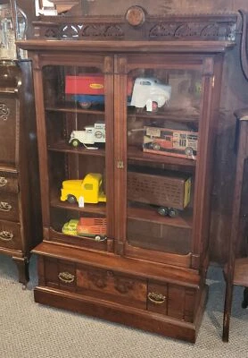 Antique Victorian Walnut Step Back Bookcase – Two Glass Doors - Image 1 of 4