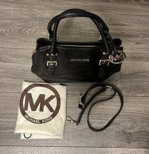 Michael Kors Womens Leather Handbag Black Double Handle Satchel Gold E 1308 - Picture 1 of 23