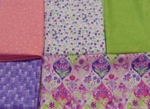 5pc Bundle Cotton Fabric Purples, Pinks, Greens Various Prints - Picture 1 of 16