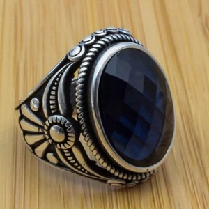 925 Sterling Silver Blue Sapphire Checker Stone Handmade Signet Mens Rings #386 - Picture 1 of 4