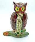  Vintage Mexican Hand Painted Clay Owl Branch Figure 6" Hand Made Folk Art