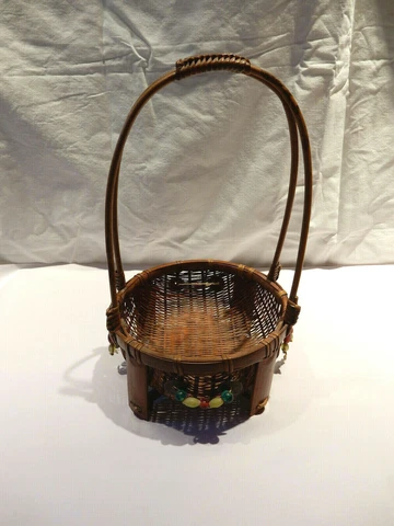 Vintage Woven Basket - Decorative Bead Work - Wood Frame/Legs - GC Cover