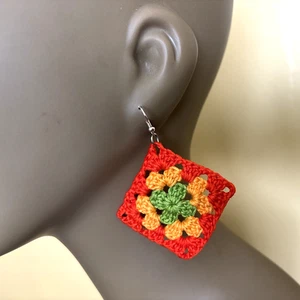 Orange Crochet Earrings, Granny Square, Boho 3"Long - Picture 1 of 5