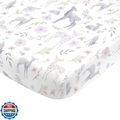 Sábana Ajustable NoJo Súper Suave Floral Ciervo Cuna, Gris, Azul Claro, Rosa Foto 1 de 3