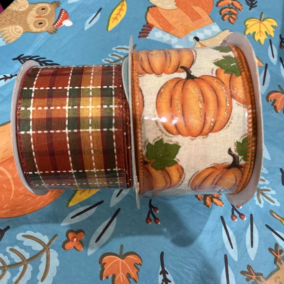 (2) CINTA DE OTOÑO 🎃🍂 CALABAZA Y CUADROS Deluxe Borde con cable 2,5" con x 30 pies L EXCELENTE Foto 1 de 4