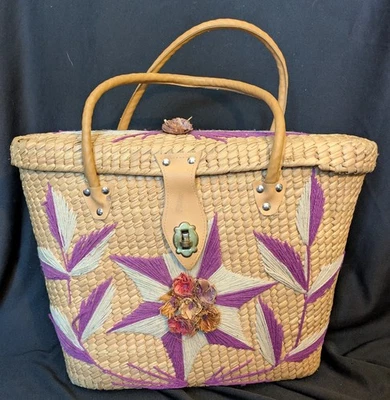 Bolso de mano vintage de ratán tejido de paja con cierre giratorio de flores 3D Foto 1 de 4