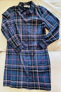 Denim & Company Blue Plaid Shirt Dress D & Co. Size Small Tab Sleeve Stretch - Picture 1 of 9