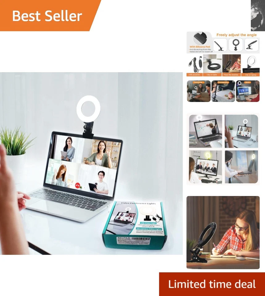 Video Conference Lighting Kit 3200k-6500k Dimmable LED Ring Light Clip on Laptop