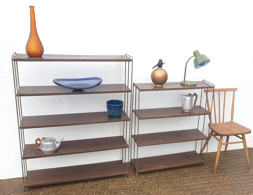 Mid Century Metal Teak Effect Ladderax Style Modular Shelving - Image 1 of 4