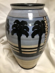 Hage Signed Vase Handmade Art Pottery Earthenware Palm tree Blue Large Decor - Picture 1 of 5
