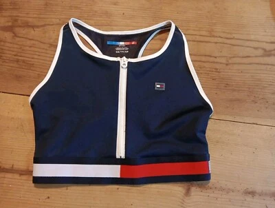 Tommy Hilfiger 运动文胸女式 XS 运动赛车红色白色蓝色拉链前标志 — 第 1/4 张图片