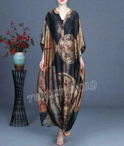 Maxi vestido suelto de seda estilo vintage para mujer cuello en V de gran tamaño vestido largo - Imagen 1 de 14