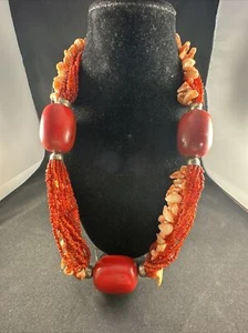 Red Coral Glass Bead, Shell & Pearl Chunky Statement Necklace - Picture 1 of 8