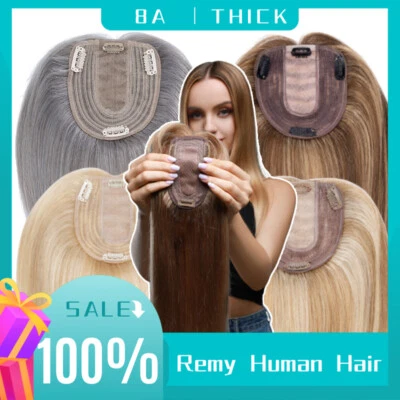 THICK Remy Human Hair Top Piece Clip In Silk Base Topper Hairpiece Wig Bangs 22" - Image 1 of 4