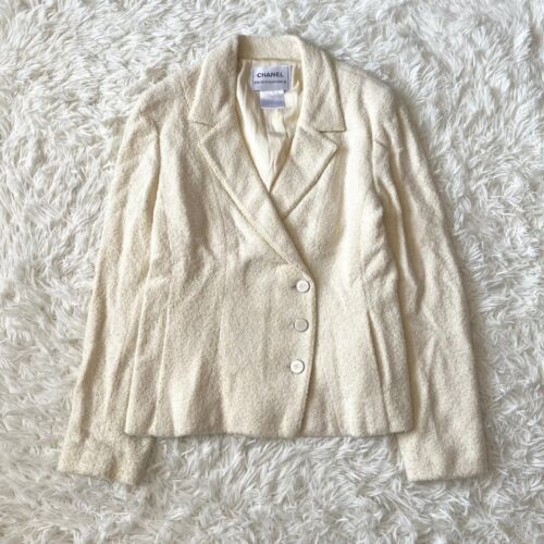 Autentica giacca pile CHANEL bottone cocco 00T giallo bianco 42 P15388