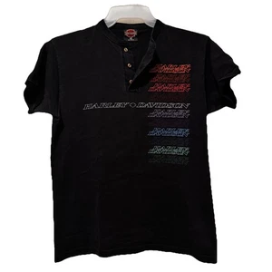 Vtg 90s Harley Davidson Shirt Mens M Black 3 Button Henley USA Austin Central TX - Picture 1 of 6